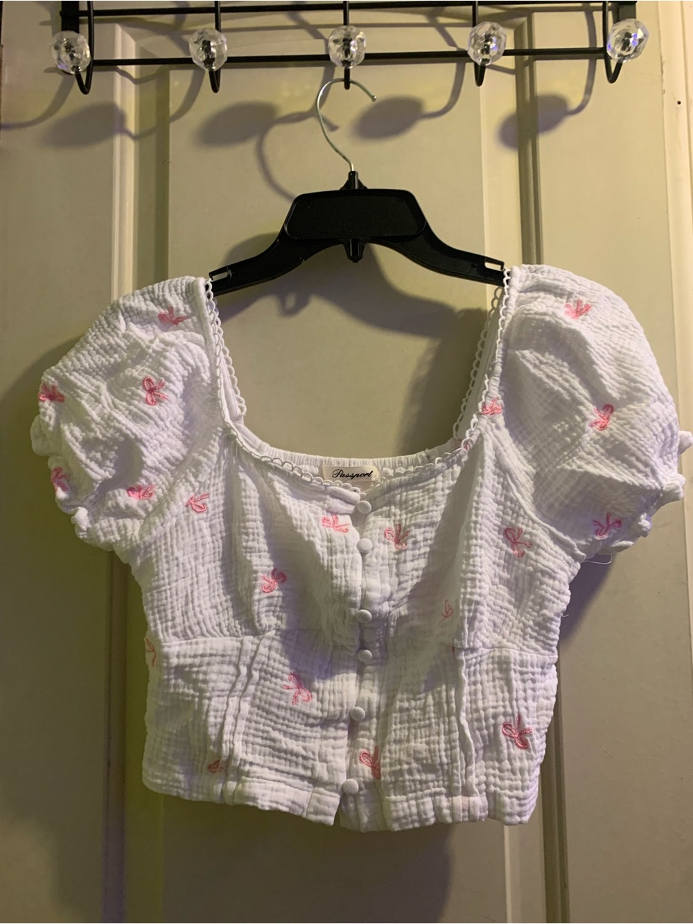 White Puff Sleeve Button-Front Crop Top with Pink Bow Embroidery